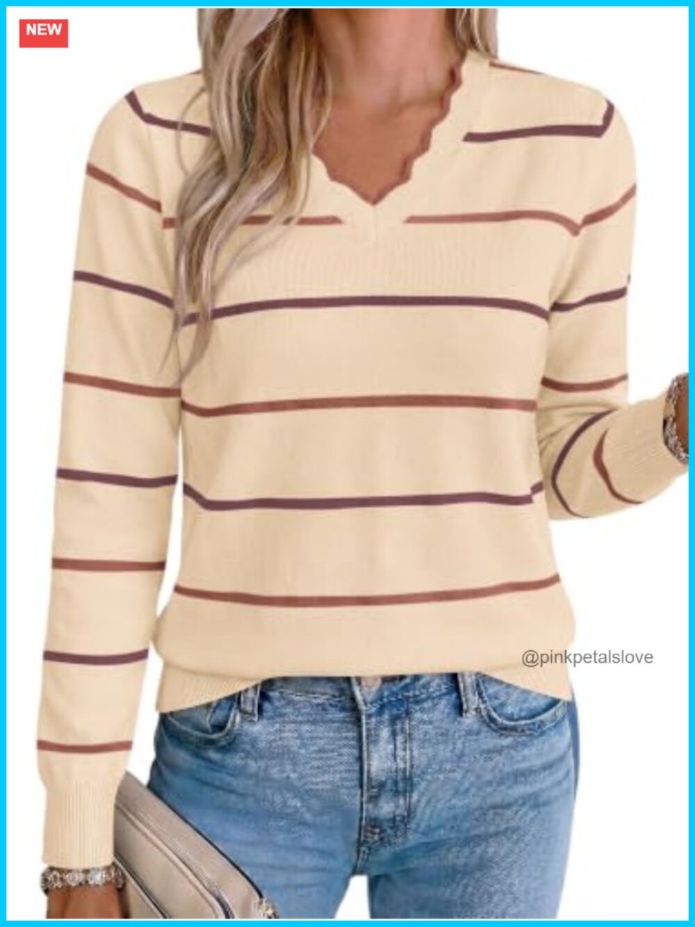 BTFBM Striped Pullover Sweater Long Sleeve Scalloped V-Neck Casual